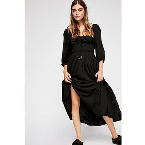 Free People Free-est Oasis Midi Dress Ruffle Flowy Smocked Cotton Black S 286585